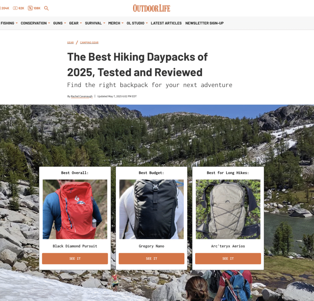A screen grab of Rachel Cavanaugh's article in Outdoor Life titled "The Best Hiking Daypacks of 2025, Tested and Reviewed."